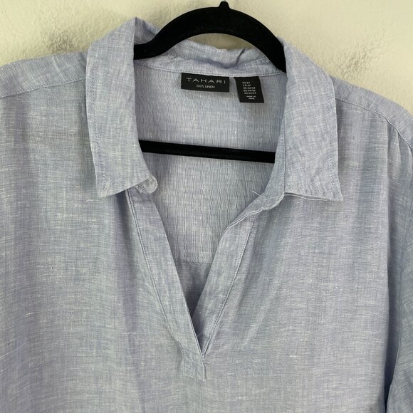 Tahari Womens Plus 2X 100% Linen Relaxed Blue Popover Tunic Top Shirt - Picture 7 of 9